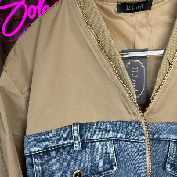 NWT Mesh Layer Bomber Jacket Denim and Tan Ruffle Jacket - Picture 3 of 13